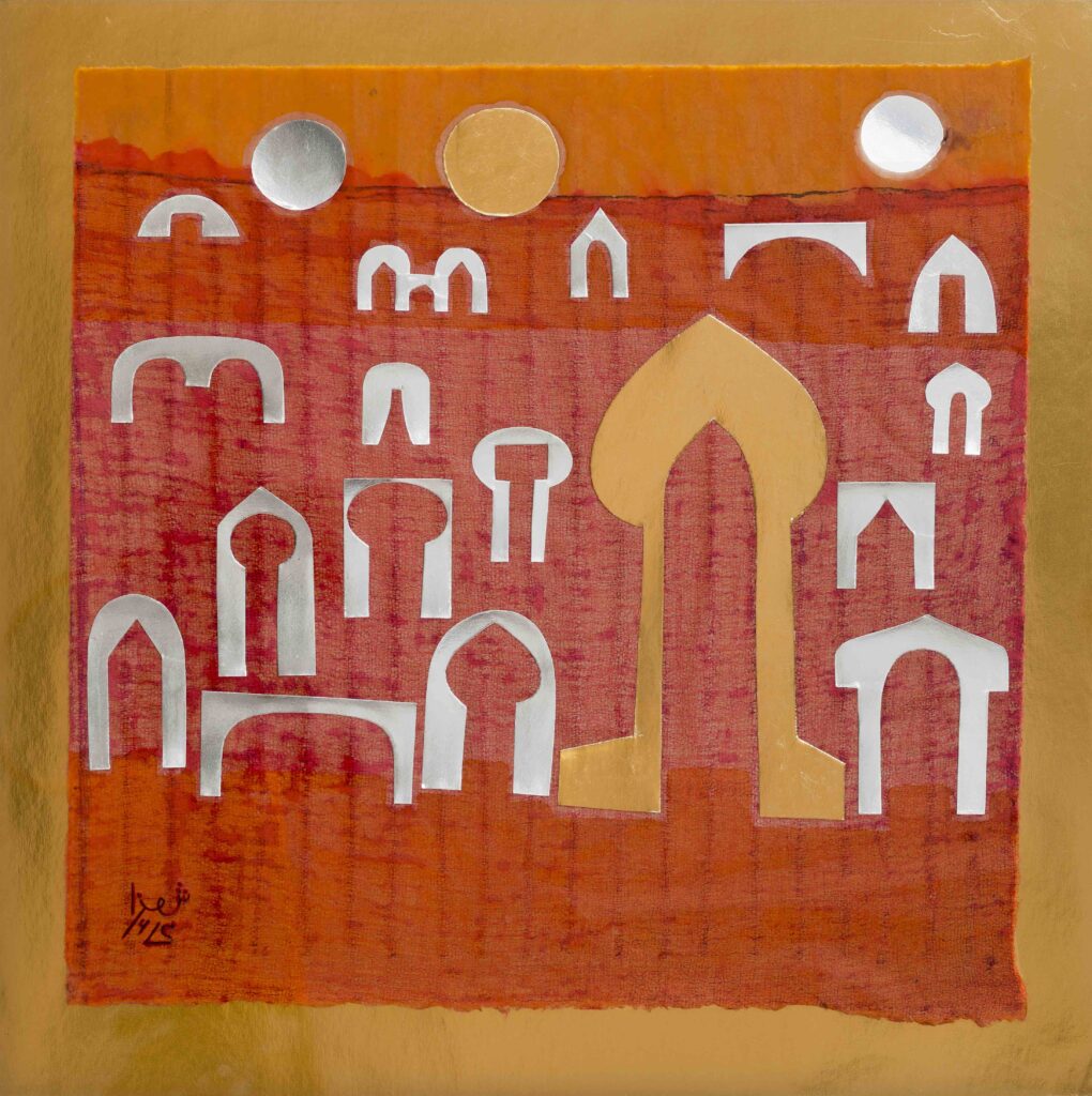 Art Dubai Is Not a Moment. It’s a Movement. In Conversation With Dunja Gottweis. 9 Jhaveri Contemporary – Anwar Jalal Shemza Arches 1978 Gold and silver foil coloured inks on handmade Japanese paper 37.5 × 37.5 cm Courtesy of Jhaveri Contemporary